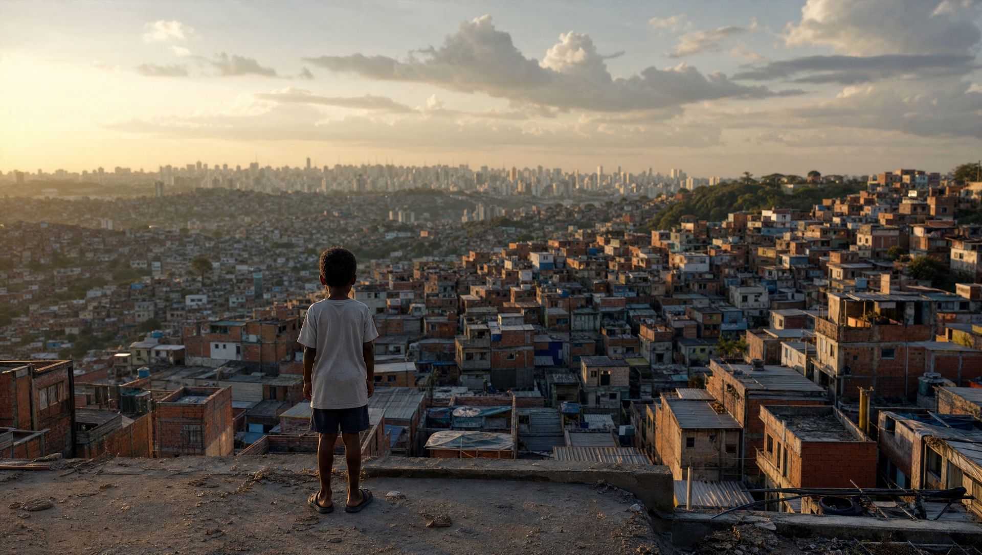 Menino olha Paraisópolis do alto ao entardecer